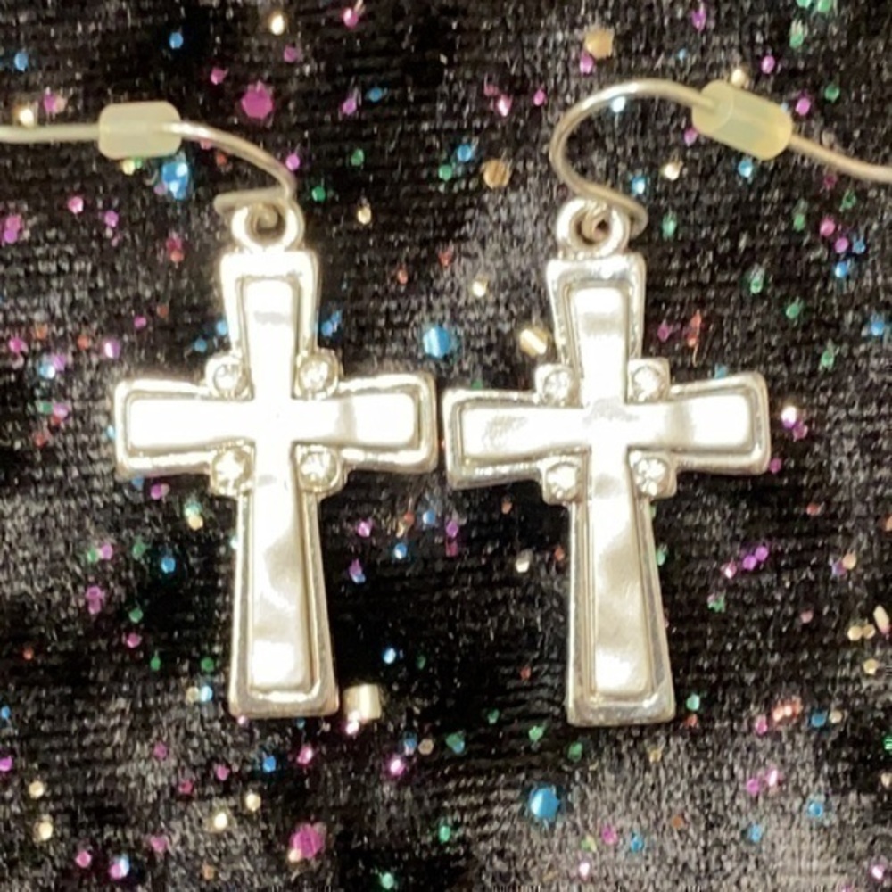 Silver Cross Earrings with Crystals